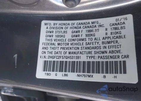 2016 Honda Civic Lx z USA, uszkodzony, nr VIN 2HGFC2F57GH531591